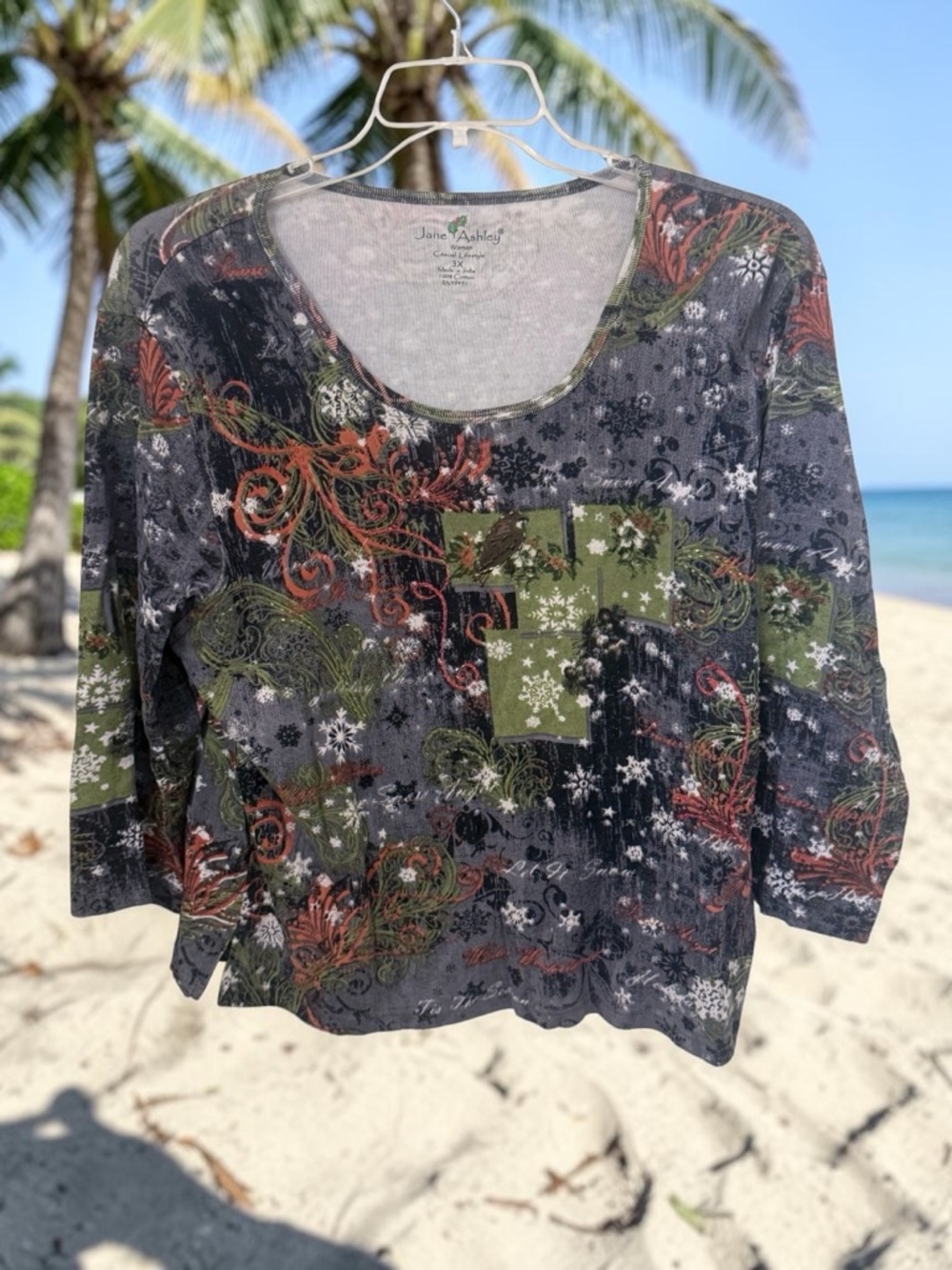 Jane Ashley Gray Scoop Neck Long Sleeve Top with Olive and Rust Pattern